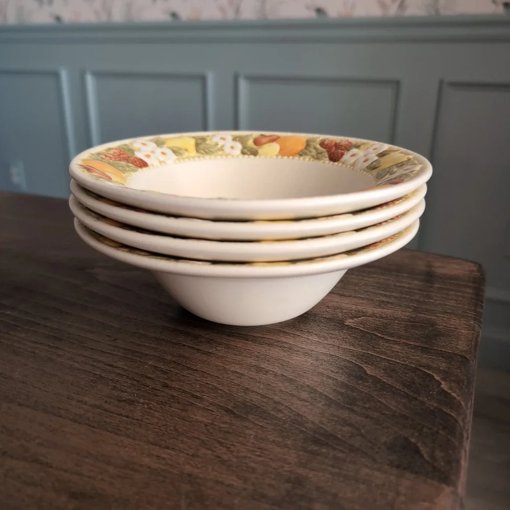 4 Vtg Metlox Vernon Ware Della Robbia 70s Fall Fruit Cereal Soup Bowls Set USA